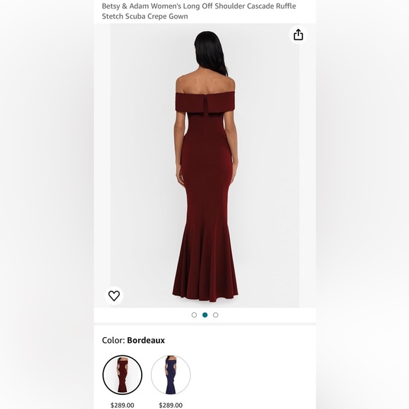 Betsy & Adam Women's Long Off Shoulder Cascade Ruffle Stetch Scuba Crepe Gown - Picture 3 of 6